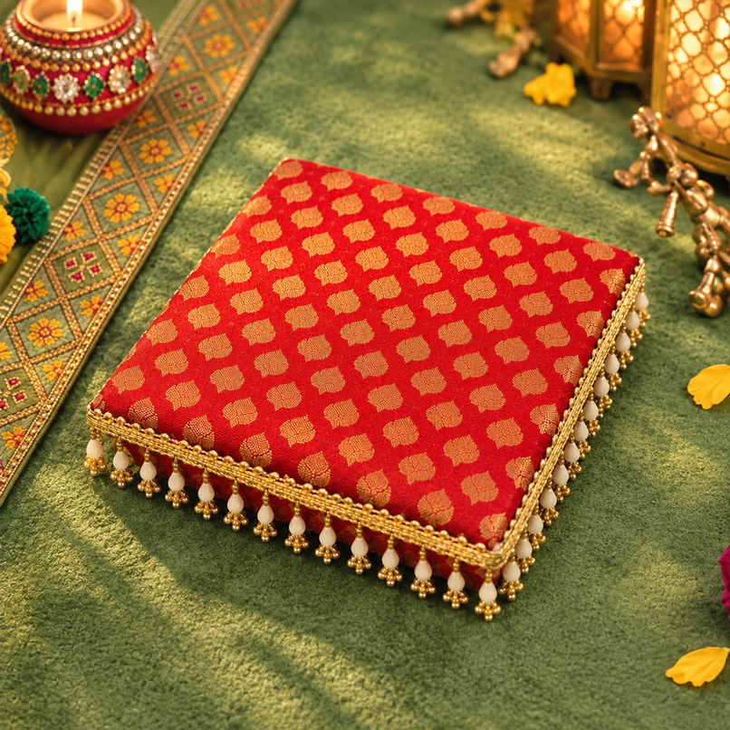 Red Brocade and Pearl Regal Pooja Chowki Set | 7 x 7 inch | ServDharm