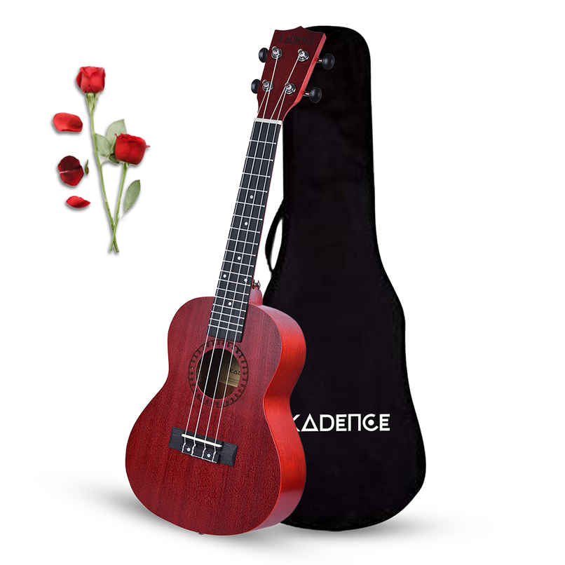 Kadence Concert Ukulele 23inch Spring Summer Edition, Mulberry Red with Rose, Strap & Bag