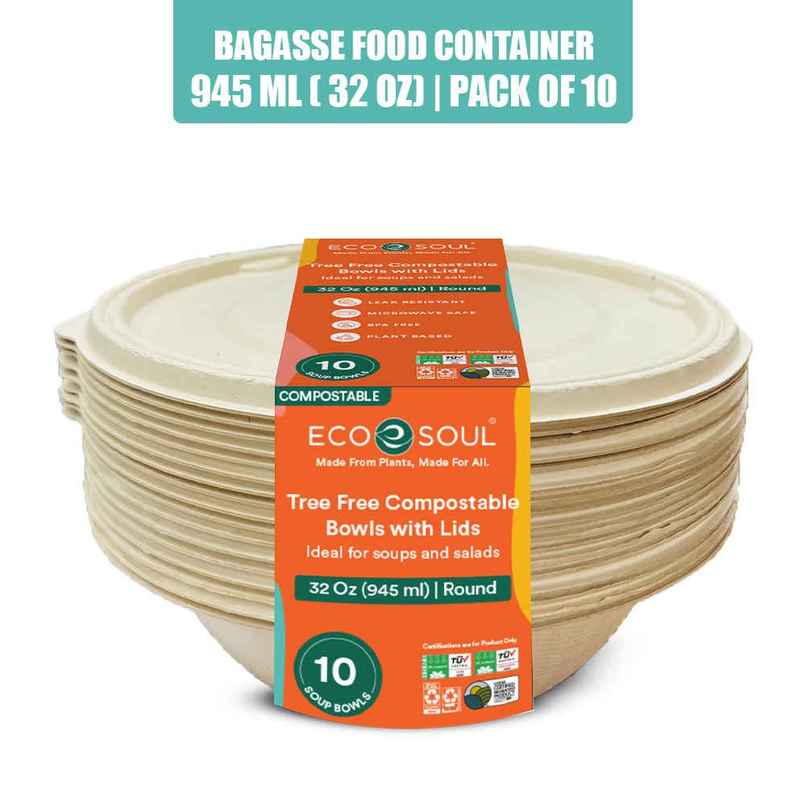 ECO SOUL | Bagasse Disposable Soup Bowls with Lid | 945 ml | Round | 10 Count ECO SOUL | Bagasse Disposable Soup Bowls with Lid | 945 ml | Round | 10 Count