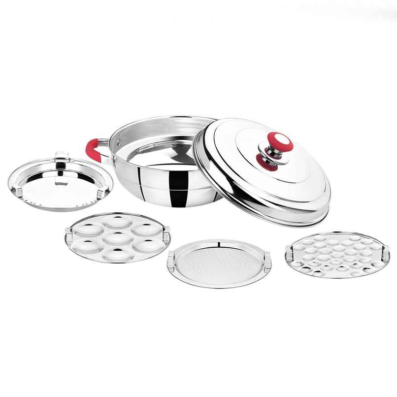 Bhalaria Stainless Steel Multi Kadai | 2 Idli Plate | 2 Dhokla Plate | 1 Patra Plate | 1 Mini Idli Plate
