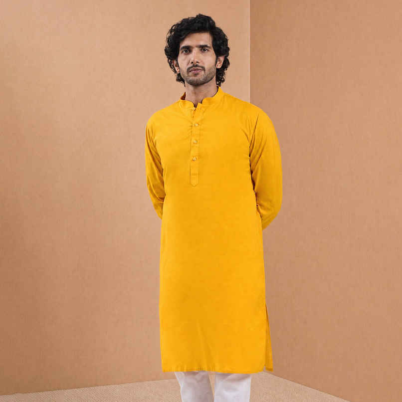 Vastramay Men's Yellow Cotton Blend Traditional Kurta with Mandarin Collar | L Vastramay Men's Yellow Cotton Blend Traditional Kurta with Mandarin Collar | L
