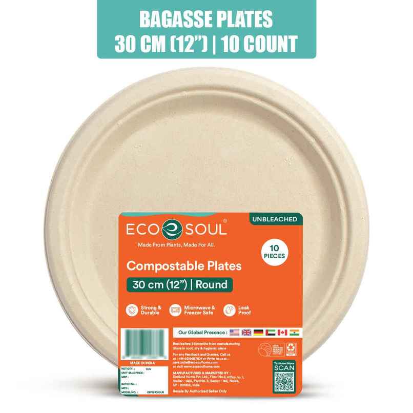 ECO SOUL | Bagasse Disposable Plates | 12 Inch | Round | 10 Count ECO SOUL | Bagasse Disposable Plates | 12 Inch | Round | 10 Count