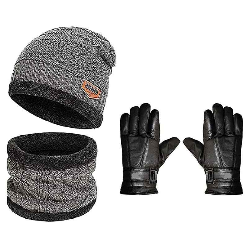 Infispace Unisex Winter Woolen Earmuff Beanie Knitted Cap Neck Set With Leather Gloves | Grey Infispace Unisex Winter Woolen Earmuff Beanie Knitted Cap Neck Set With Leather Gloves | Grey