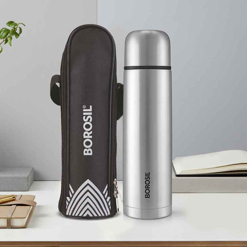 Borosil Thermo BIS Approved Stainless Steel Bottle with Bag | Black | 1 L
