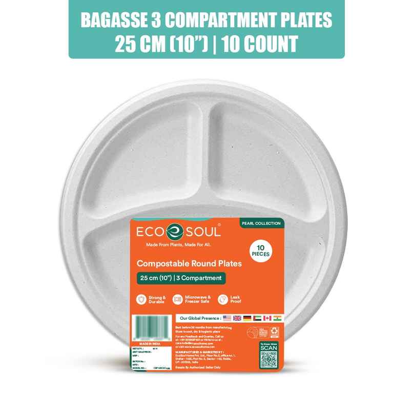 Disposable Plate | Round | 3 Compartment | 10 inch | 10 Count | Eco Soul