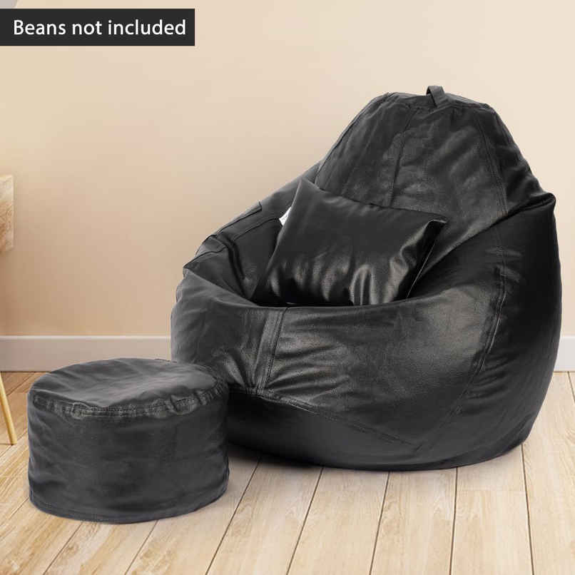 Wakefit 4XL Bean Bag Cover with Footrest & Cushion | Black Leatherette | No Beans Included
