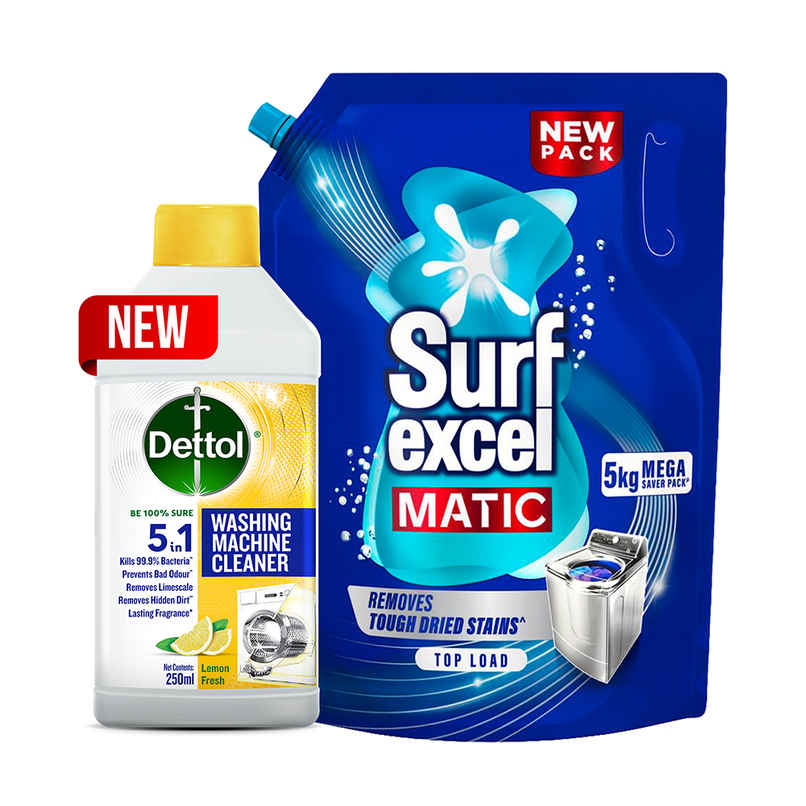 Dettol Washing Machine Cleaner & Descaler (250ml) & Surf Excel Matic Top Load Detergent Liquid | Pouch (5kg) Combo