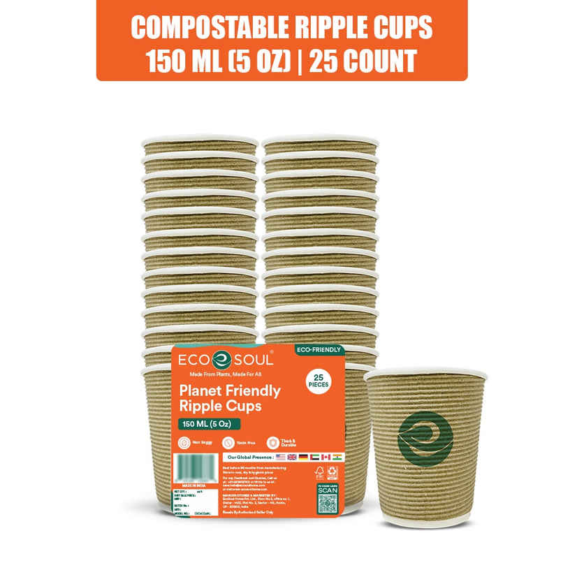 ECO SOUL Disposable Paper Cups/Glasses | 150 ml | Ripple | 25 Count