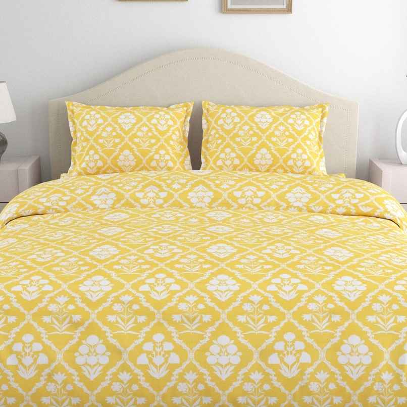 Haus & Kinder Marigold Majesty 186 TC Cotton Double Bedsheet | Yellow Printed | Flat Sheet
