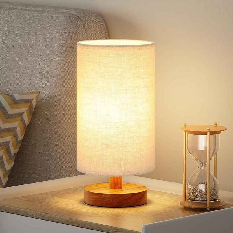 Desidiya Wooden Cylindrical Shade Bedside LED Table Lamp Side Table Lamp for Bedroom & Living Room