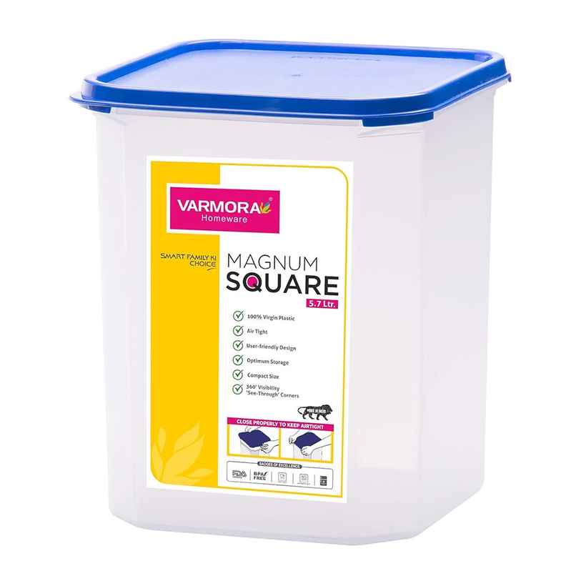 Varmora Magnum Square Storage Container- Transparent - Blue Lid- Air-Tight- 5700ml