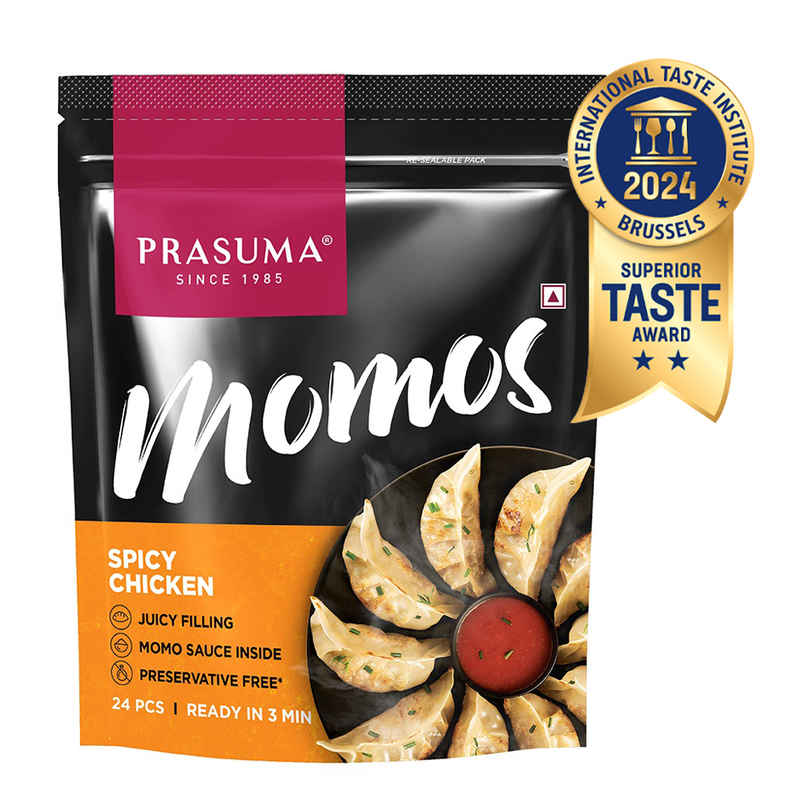 Prasuma Spicy Chicken Momos, 24 pcs | No Soya Fillers, Only Chicken | No Preservatives