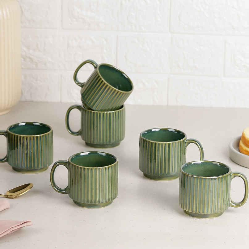 The Earth Store Glam Green Fringe Premium Stackable Ceramic Tea Cup | Green - 160 ml