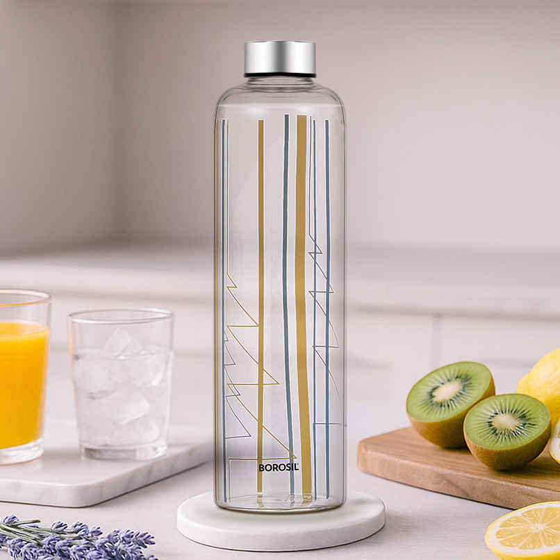 Borosil Sintra Narrow Mouth Bottle with Metal Lid Borosilicate Glass Dishwasher Safe