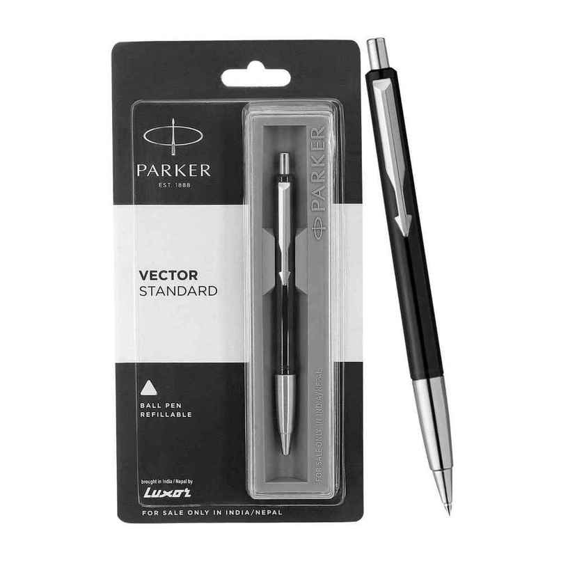 Parker Vector Chrome Trim Black Ball Pen | Blue Ink | Smooth Gift Set