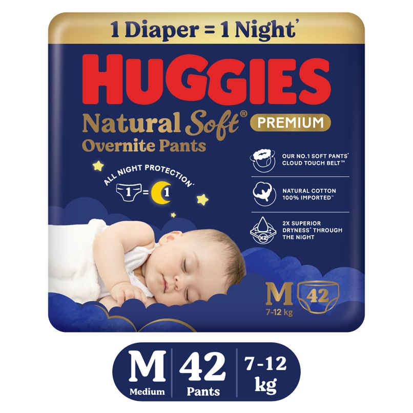Huggies Natural Soft Overnite Premium Baby Diapers | M | Keeps baby dry all night with cloud softness