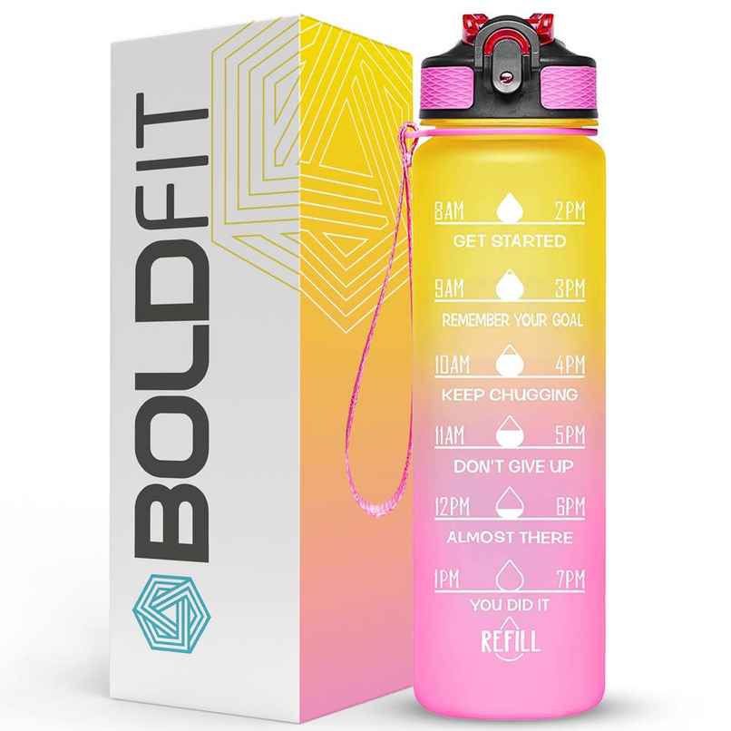 Boldfit Water Bottle With Motivational Time Markers 1 Litre | Ombre Yellow Pink