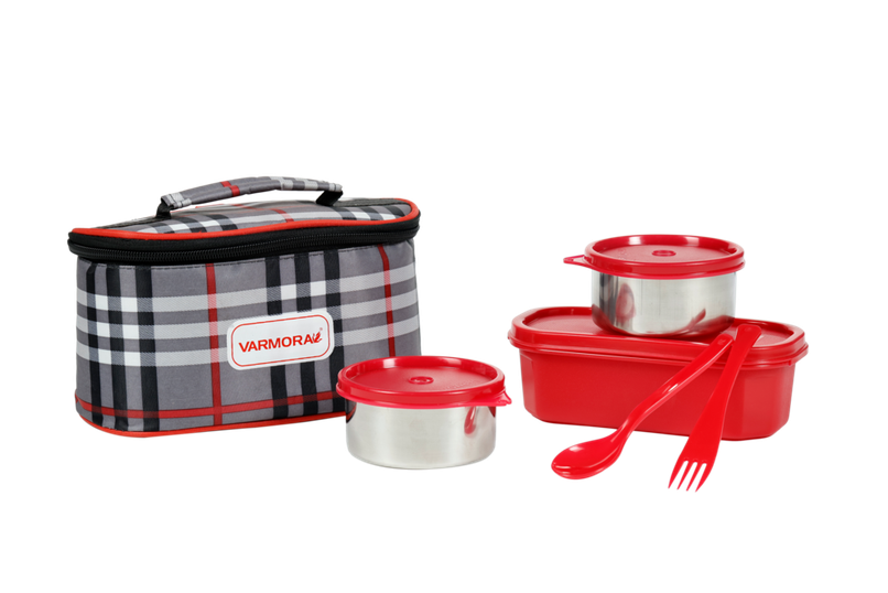 Varmora SS Duo Lunch Box- Raspberry Pink-3 Storage Containers with spoon and fork