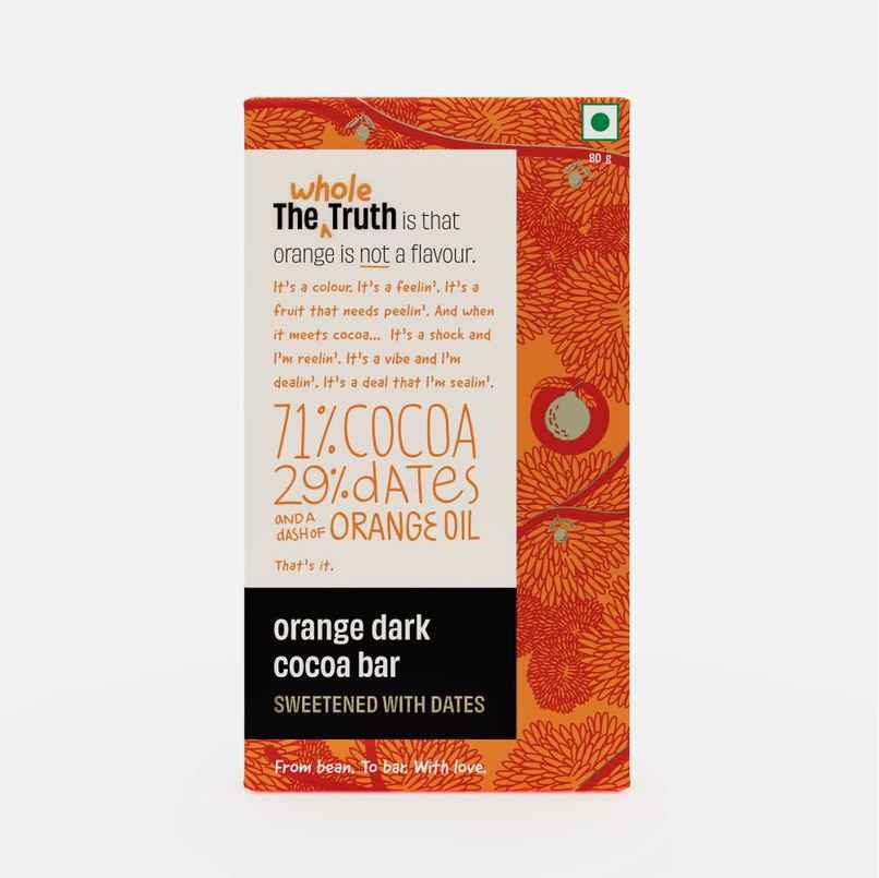 The Whole Truth Dark Cocoa Bar - Orange | 80 g | Sweetened With dates The Whole Truth Dark Cocoa Bar - Orange | 80 g | Sweetened With dates