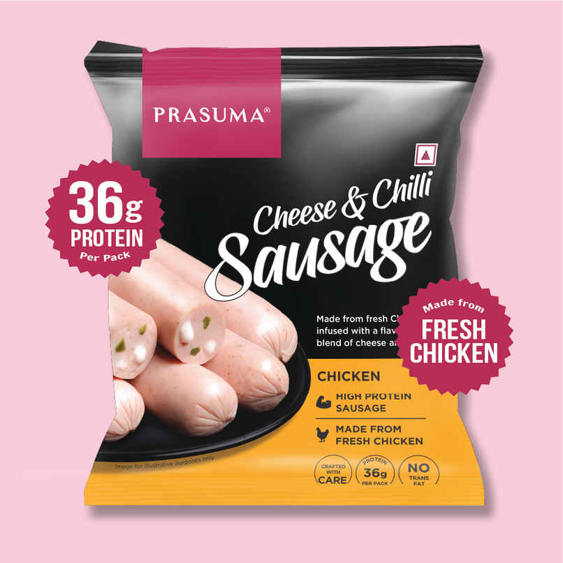 Prasuma Chicken Cheese & Chilli Sausage High Protein 250g | No MSG or Preservatives Prasuma Chicken Cheese & Chilli Sausage High Protein 250g | No MSG or Preservatives