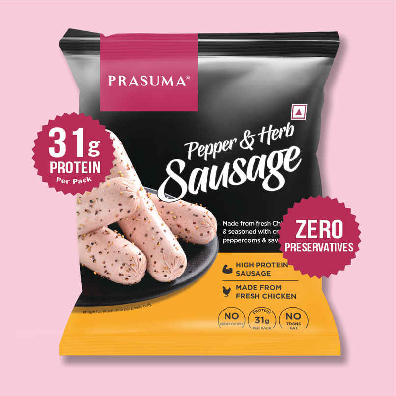 Prasuma Chicken Pepper & Herb Sausage High Protein 250g | No Preservatives | Fresh Chicken Prasuma Chicken Pepper & Herb Sausage High Protein 250g | No Preservatives | Fresh Chicken