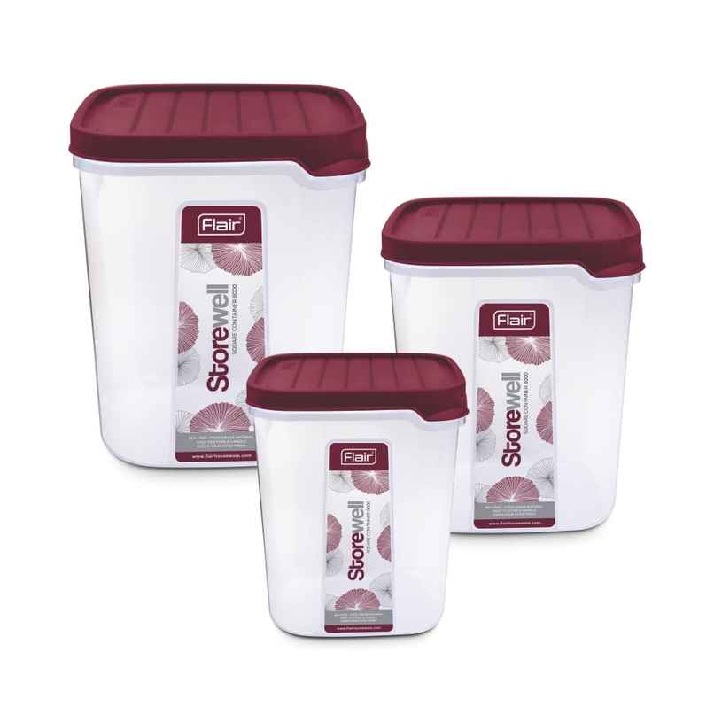 Flair Plastic Storewell Square Food Storage Containers Maroon - Set 3 Pcs (6000Ml,8000 ml,12000 ml)