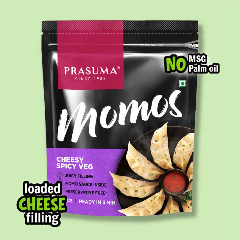 Prasuma Cheesy Spicy Veg Momos 24pc, No MSG or Palm Oil | Rich Cheese Filling Prasuma Cheesy Spicy Veg Momos 24pc, No MSG or Palm Oil | Rich Cheese Filling