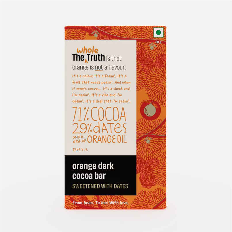 The Whole Truth Dark Cocoa Bar - Orange | 80 g | Sweetened With dates The Whole Truth Dark Cocoa Bar - Orange | 80 g | Sweetened With dates