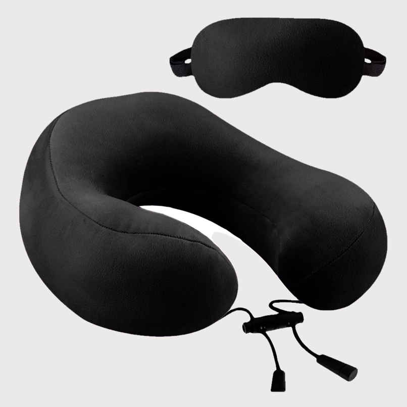 Billebon Unisex Fiber Neck Pillow with Eye Mask | Black - Free Size