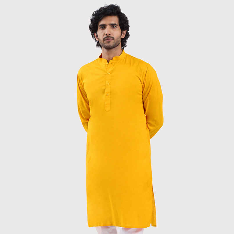 Vastramay Men's Cotton Blend Kurta | Yellow - L