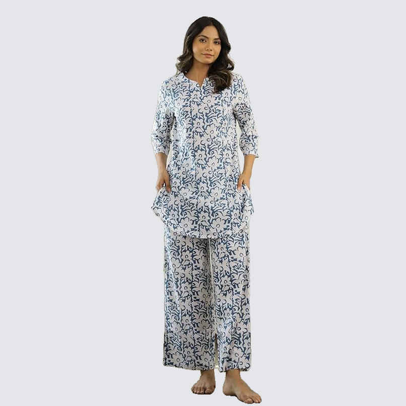 Sanskrutihomes Shirt Collar Pure Cotton Night Suit | Blue - S