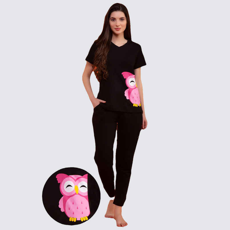 Clovia Owl Print Top & Pyjama - 100% Cotton(Black - M)