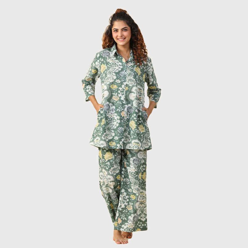 Sanskrutihomes Floral Printed Pure Cotton Night Suit | Green - White | XL