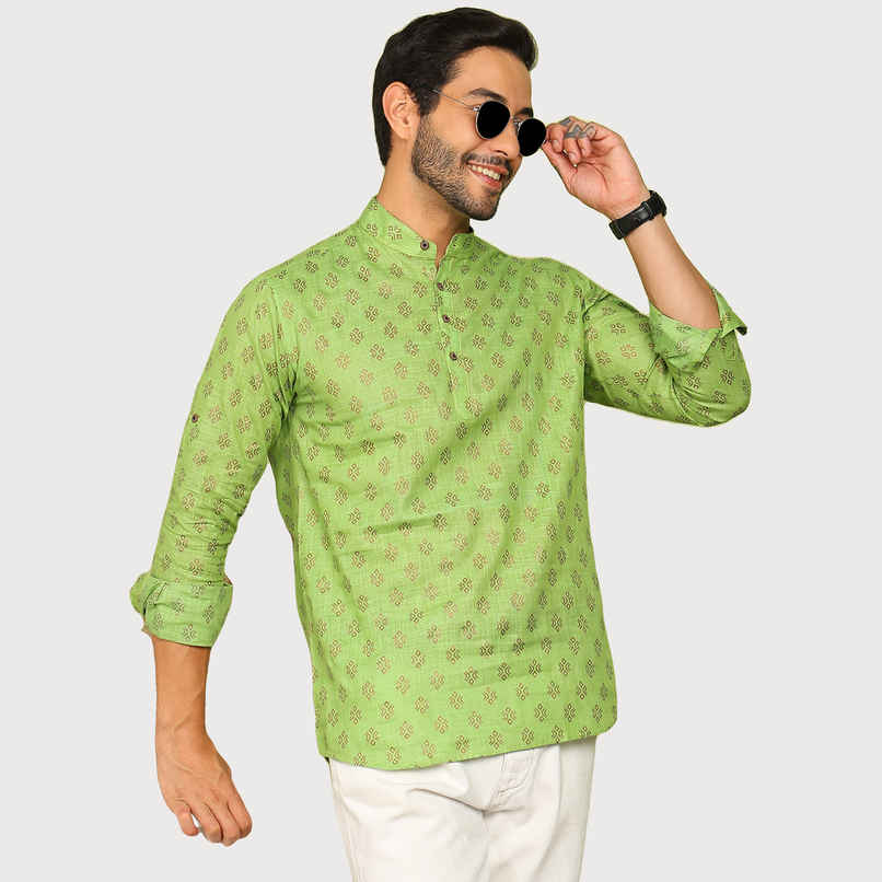 Allan Peter Men's Printed Short Kurta | Green - M