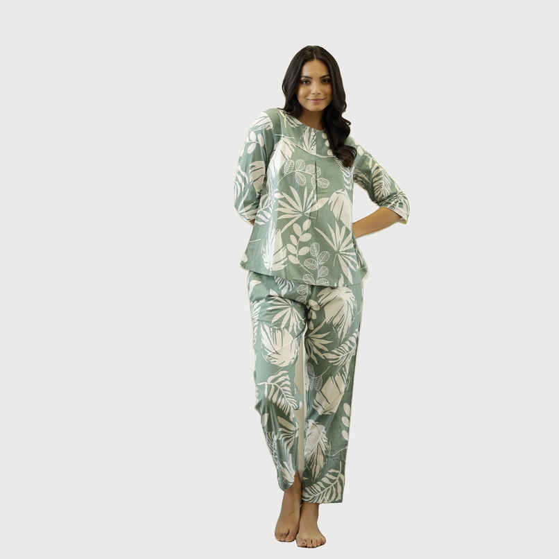 Sanskrutihomes Women's Green & White Printed Night Suit | Green - S