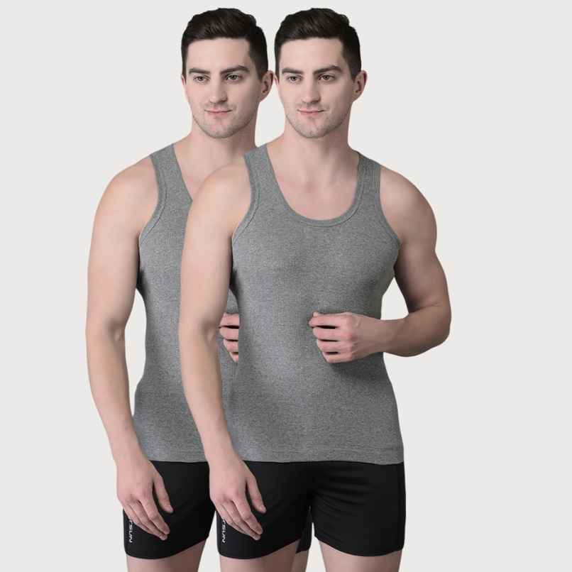 Dollar Bigboss Men's Grey Solid Combed Cotton Vest | Pack Of 2 - Grey Melange - M