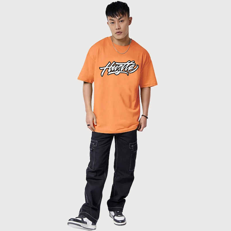 Veirdo Pure Cotton Oversized Fit Round Neck Orange Printed T-Shirt For Men - S Veirdo Pure Cotton Oversized Fit Round Neck Orange Printed T-Shirt For Men - S