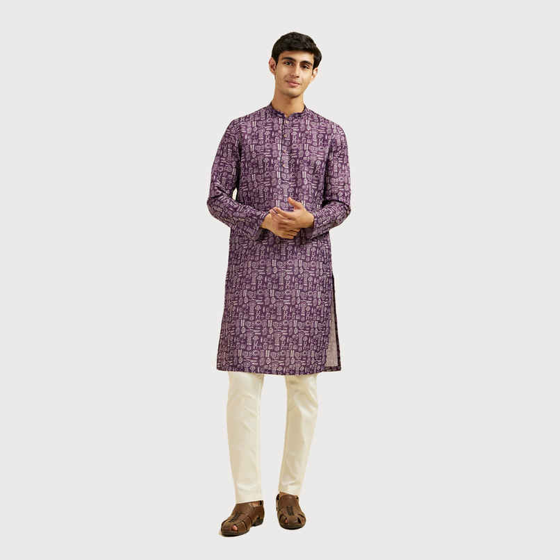 Diwas By Manyavar Purple Blended Cotton Abstract Printed Kurta Set | L