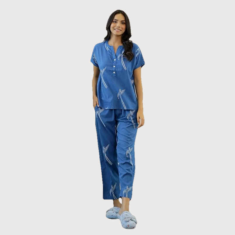 Sanskrutihomes Women's Printed Pure Cotton Night Suit | Blue - L Sanskrutihomes Women's Printed Pure Cotton Night Suit | Blue - L