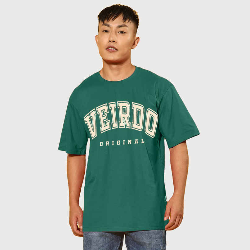Veirdo Pure Cotton Oversized Fit Round Neck Green Printed T-Shirt For Men - S Veirdo Pure Cotton Oversized Fit Round Neck Green Printed T-Shirt For Men - S