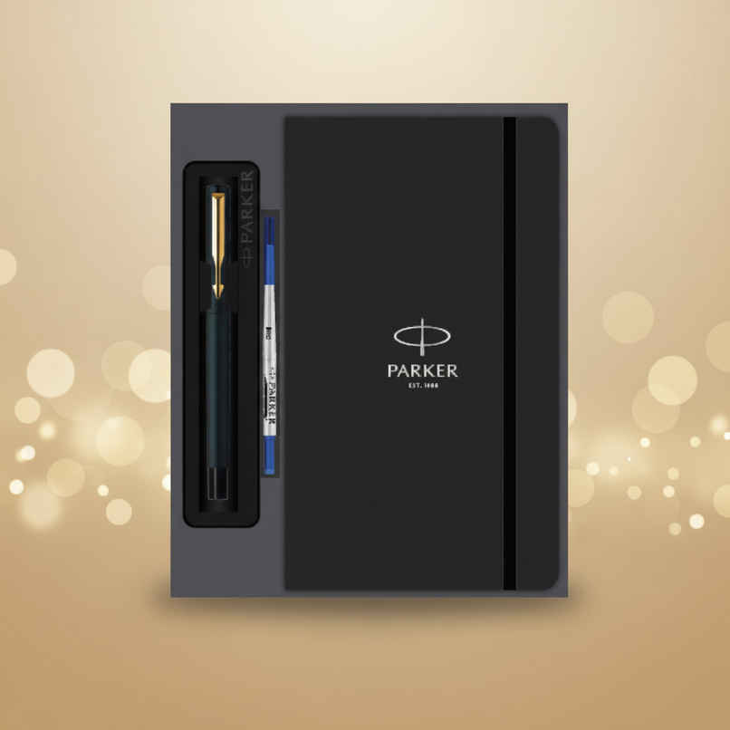 Parker Gift Set Vector Matte Black Gold Trim Roller Ball Pen With Parker Note Book