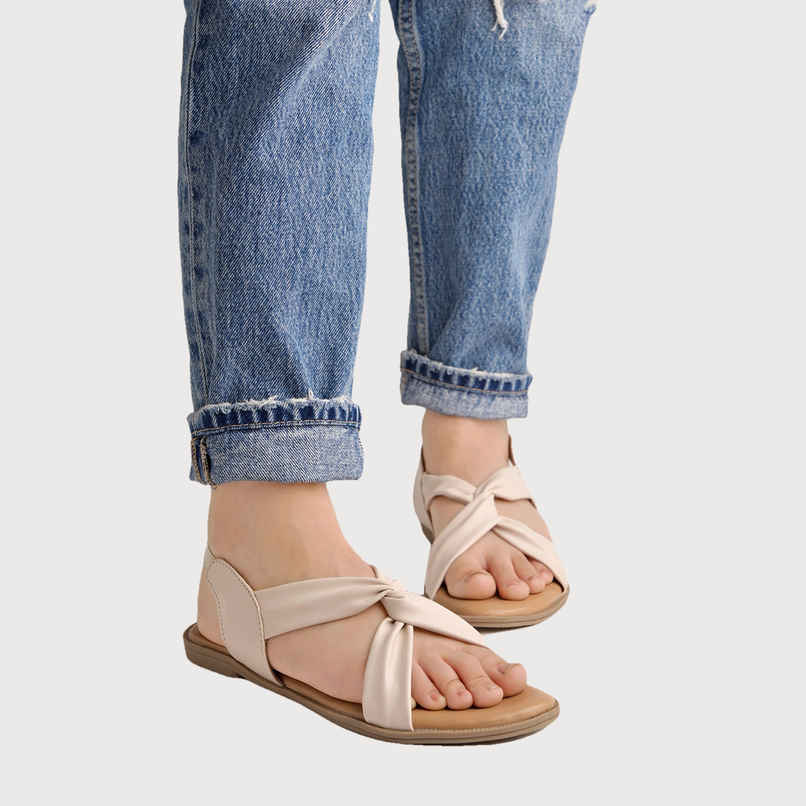 Shoetopia Cross Strap Cream Flat Sandals For Women | UK 3