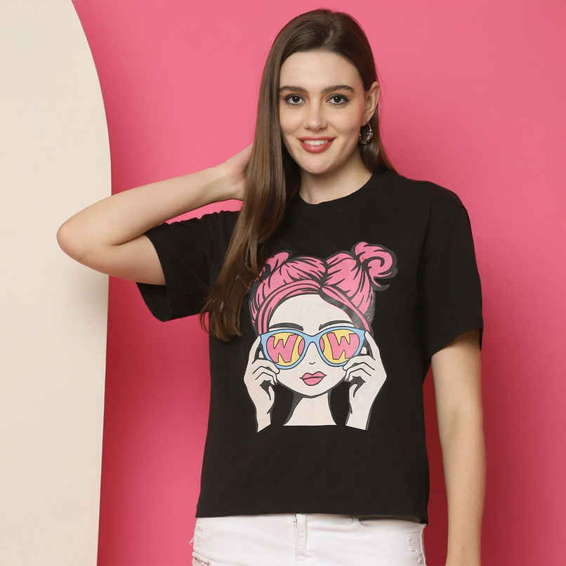 Fabflee Women Oversize Cotton Printed Round Neck Tshirt | Black | FAB-OS-523 | XL