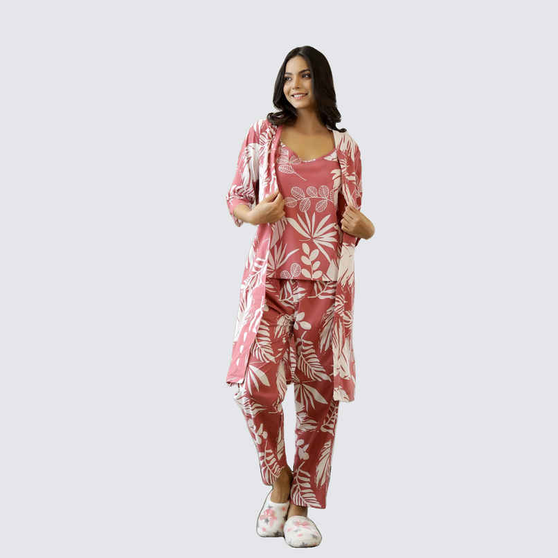 Sanskrutihomes Women's Printed Pure Cotton Night Suit | Pink - M