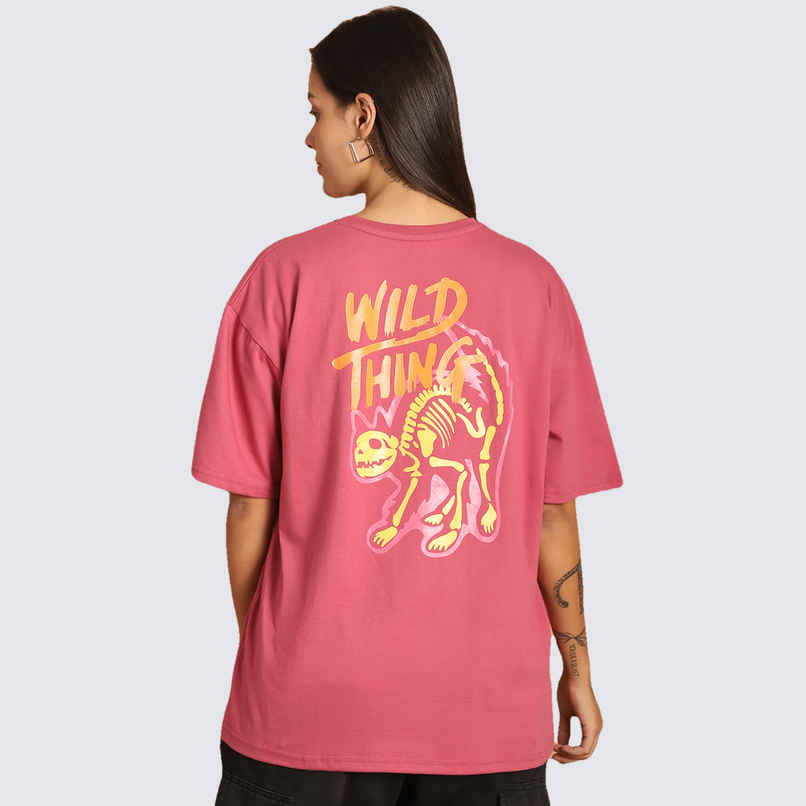 Fabflee Women Oversize Cotton Printed Round Neck Tshirt | Pink | FAB-OS-502 | L