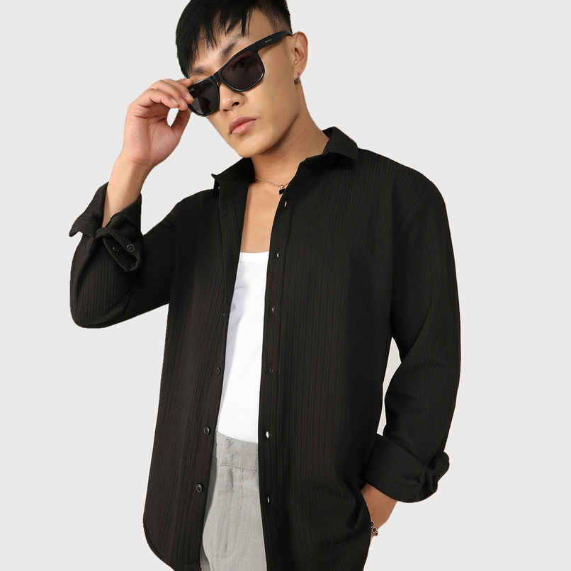 Campus Sutra Men's Stripe - Creased Shirt | Black - XL