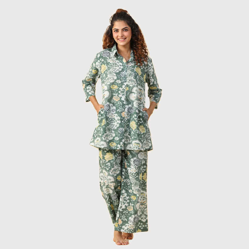 Sanskrutihomes Floral Printed Pure Cotton Night Suit | Green - White | L Sanskrutihomes Floral Printed Pure Cotton Night Suit | Green - White | L