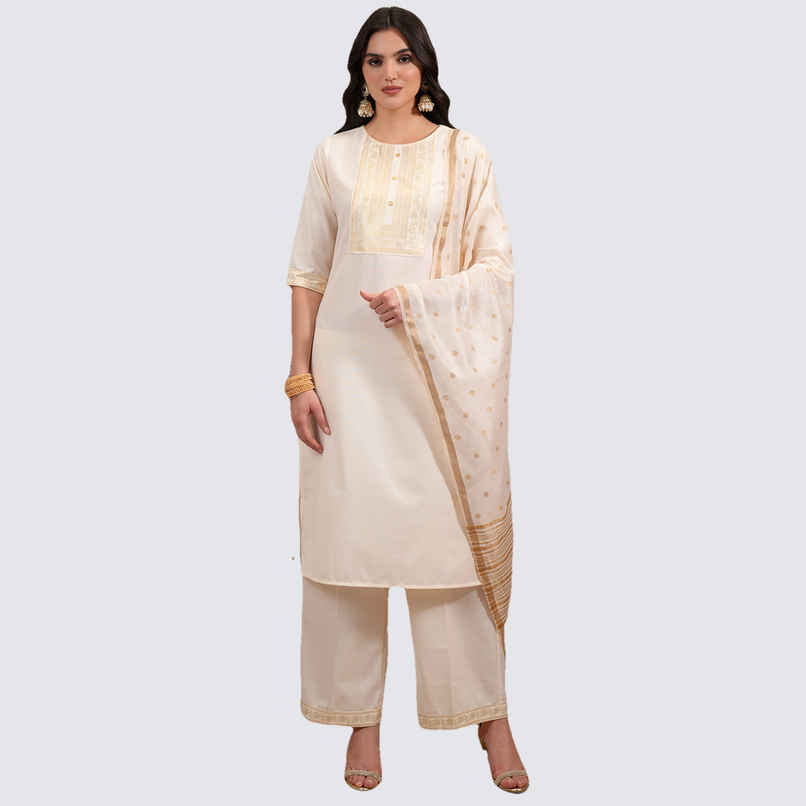 Vishudh Women's Foil Print Straight Kurta with Cropped Palazzo with Dupatta | PVK3000037 | Cream -S Vishudh Women's Foil Print Straight Kurta with Cropped Palazzo with Dupatta | PVK3000037 | Cream -S