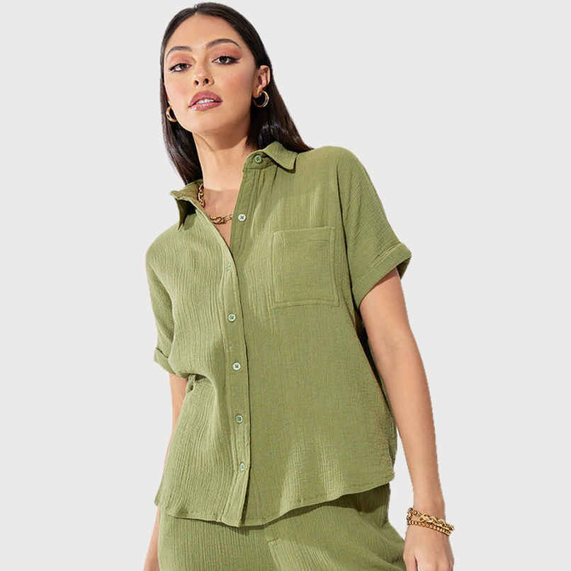 Styli Women's Regular Fit Shirt with Extended Shoulder and Cotton Fabric | Green - S Styli Women's Regular Fit Shirt with Extended Shoulder and Cotton Fabric | Green - S