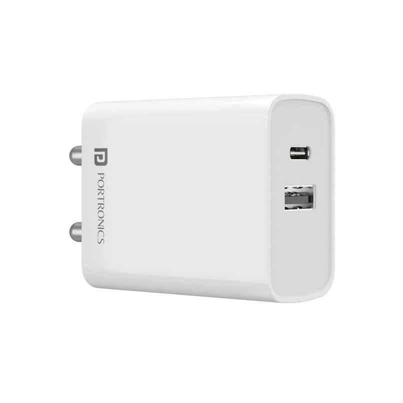 Portronics Adapto 70 33W Fast Charger Adapter with Dual Output (USB + Type C) Supports PPS Charging Via Type C Port, 27W Dash, Warp 27W, Dart, Super Dart 27W - White
